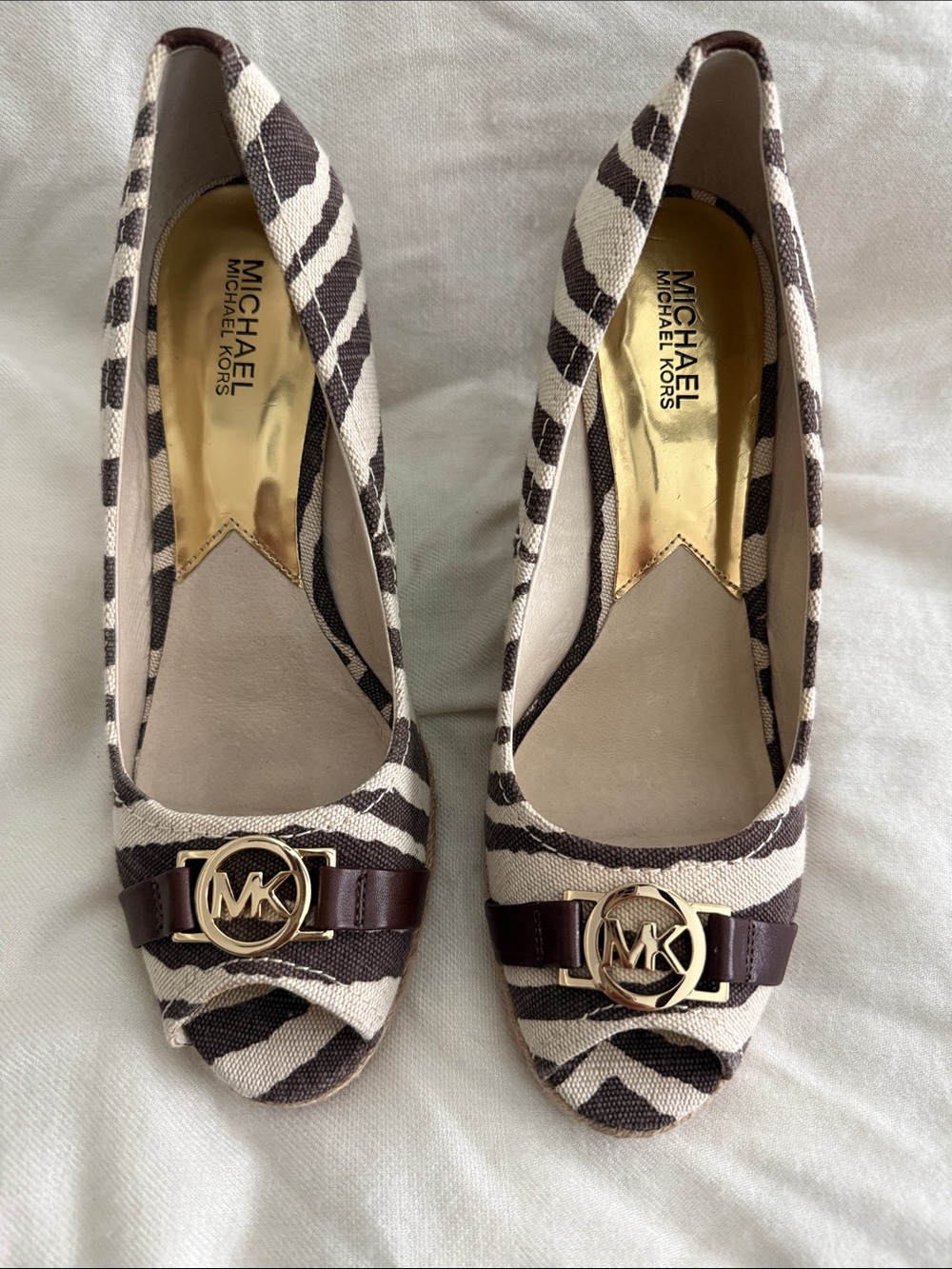 Michael Kors Brown and Cream Zebra-Print Canvas Flats with Gold MK Emblem